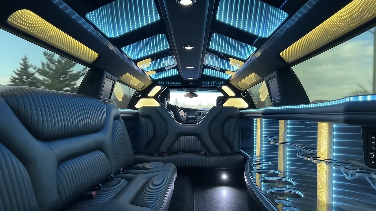 Inside the Dodge Charger limo in Vail: LED light-show ceiling, leather lounge seating and lit bar