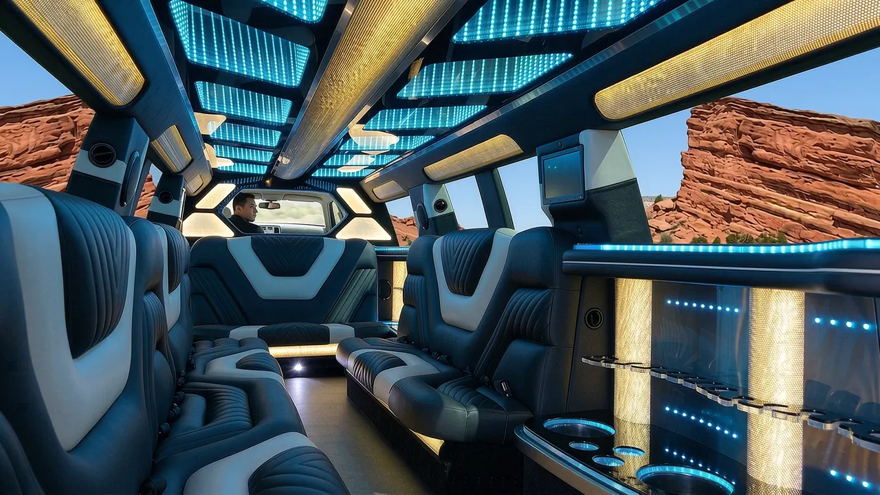 Inside the Mercedes GLS limo in Vail: LED light-show ceiling, leather lounge seating and lit bar